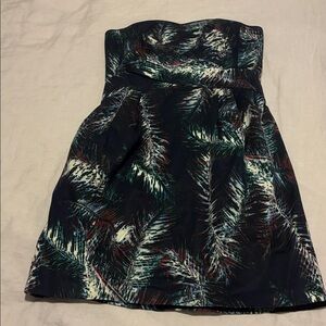 Club Monaco Blue and White Palm Print Strapless Midi Dress